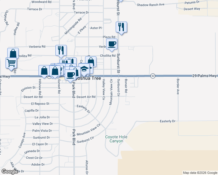 map of restaurants, bars, coffee shops, grocery stores, and more near 62080 Mountain View Circle in Joshua Tree