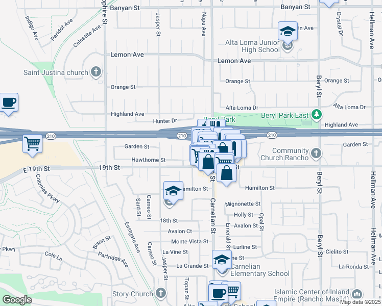 map of restaurants, bars, coffee shops, grocery stores, and more near 6642 Topaz Street in Rancho Cucamonga