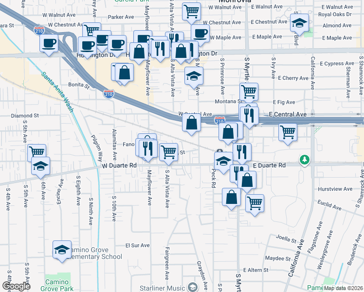 map of restaurants, bars, coffee shops, grocery stores, and more near 331 Genoa Street in Monrovia