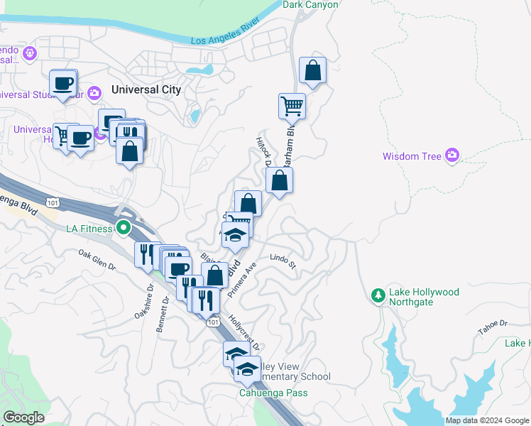 map of restaurants, bars, coffee shops, grocery stores, and more near 3412 Barham Boulevard in Los Angeles