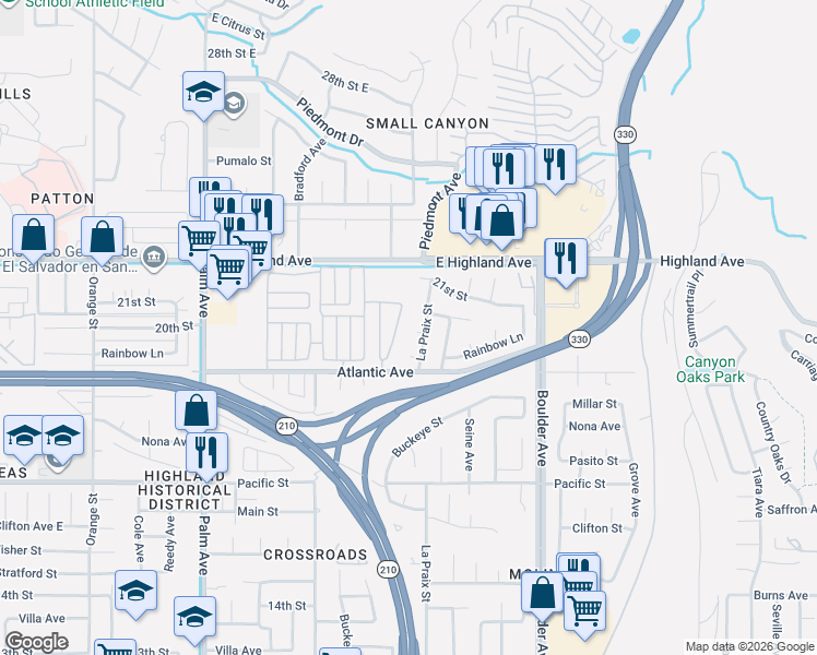 map of restaurants, bars, coffee shops, grocery stores, and more near 27672 19th Court in Highland