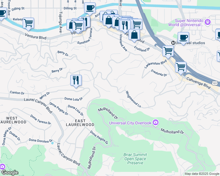 map of restaurants, bars, coffee shops, grocery stores, and more near 11064 Wrightwood Lane in Los Angeles