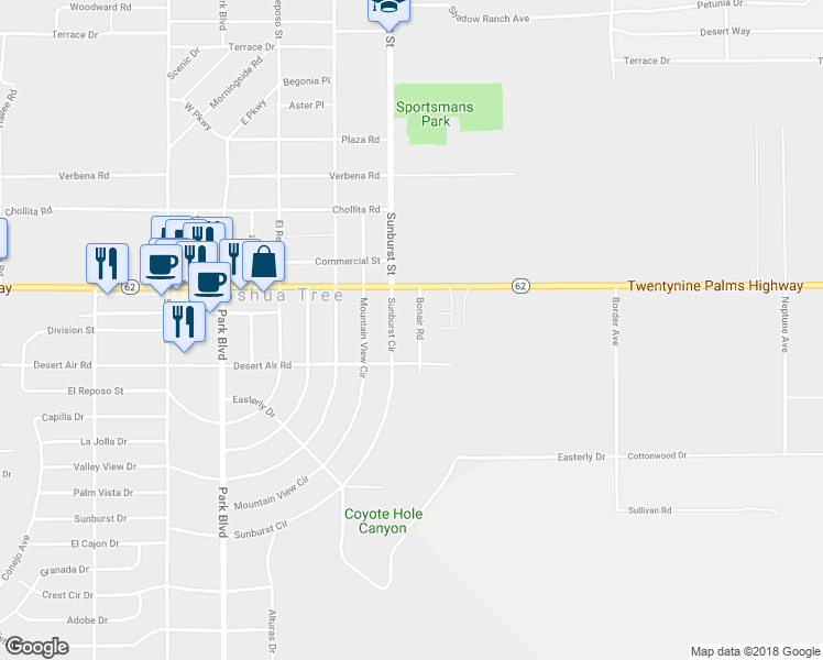map of restaurants, bars, coffee shops, grocery stores, and more near 62042 Bonair Road in Joshua Tree