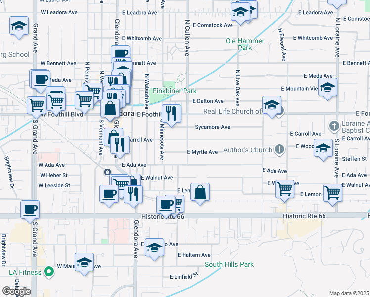 map of restaurants, bars, coffee shops, grocery stores, and more near 461 East Myrtle Avenue in Glendora
