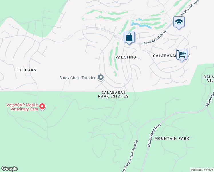 map of restaurants, bars, coffee shops, grocery stores, and more near 3458 Malaga Court in Calabasas