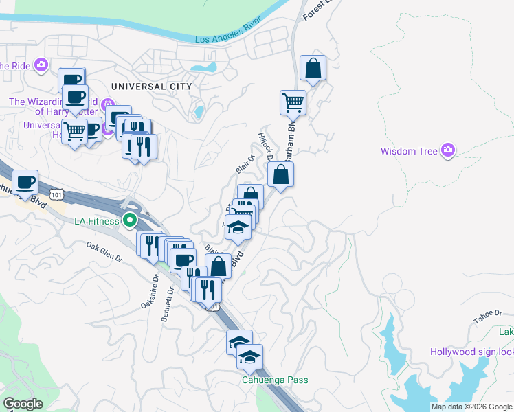 map of restaurants, bars, coffee shops, grocery stores, and more near 3401 Barham Boulevard in Los Angeles
