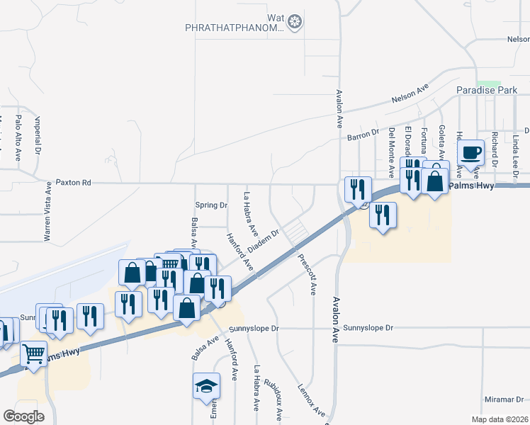 map of restaurants, bars, coffee shops, grocery stores, and more near 6576 Prescott Avenue in Yucca Valley
