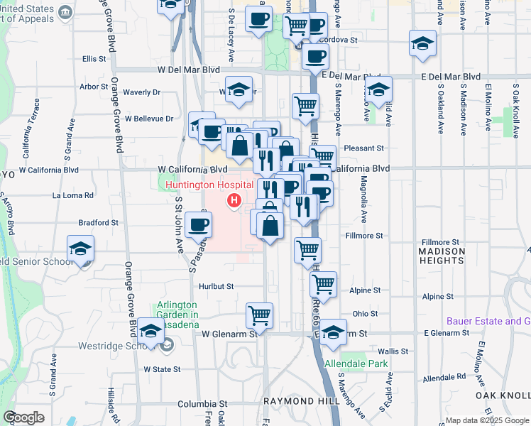 map of restaurants, bars, coffee shops, grocery stores, and more near 700 South Fair Oaks Avenue in Pasadena