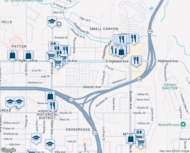 map of restaurants, bars, coffee shops, grocery stores, and more near 27600 Atlantic Avenue in Highland