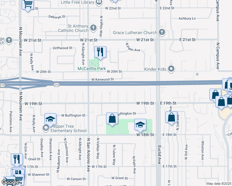 map of restaurants, bars, coffee shops, grocery stores, and more near 1931 North Redding Way in Upland