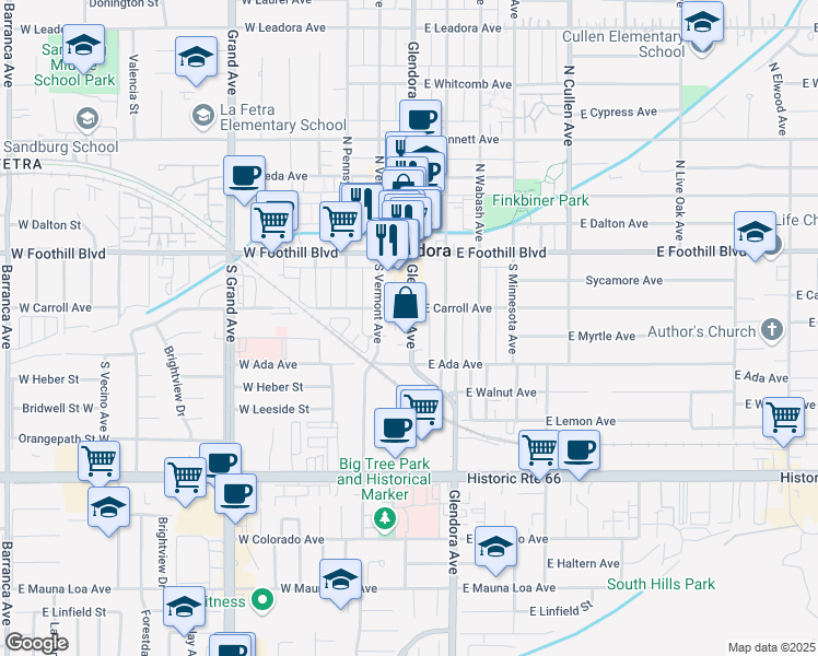 map of restaurants, bars, coffee shops, grocery stores, and more near 223 South Glendora Avenue in Glendora