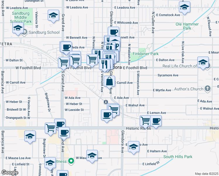 map of restaurants, bars, coffee shops, grocery stores, and more near 211 South Glendora Avenue in Glendora