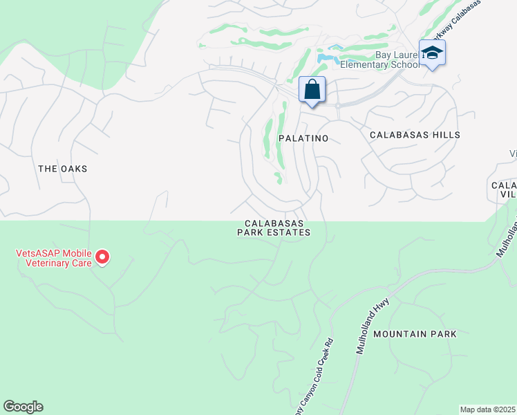 map of restaurants, bars, coffee shops, grocery stores, and more near 3458 Malaga Court in Calabasas