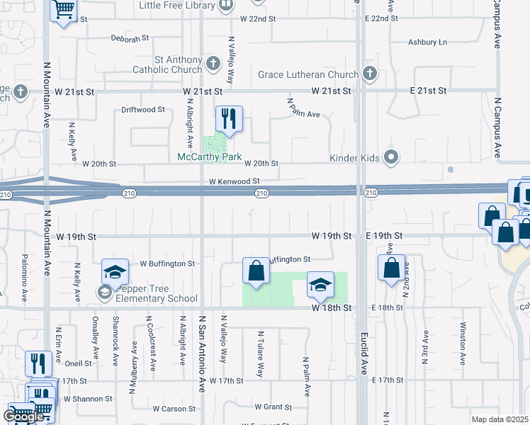 map of restaurants, bars, coffee shops, grocery stores, and more near 1931 North Redding Way in Upland