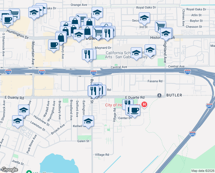 map of restaurants, bars, coffee shops, grocery stores, and more near 1640 Cinco Robles Drive in Duarte