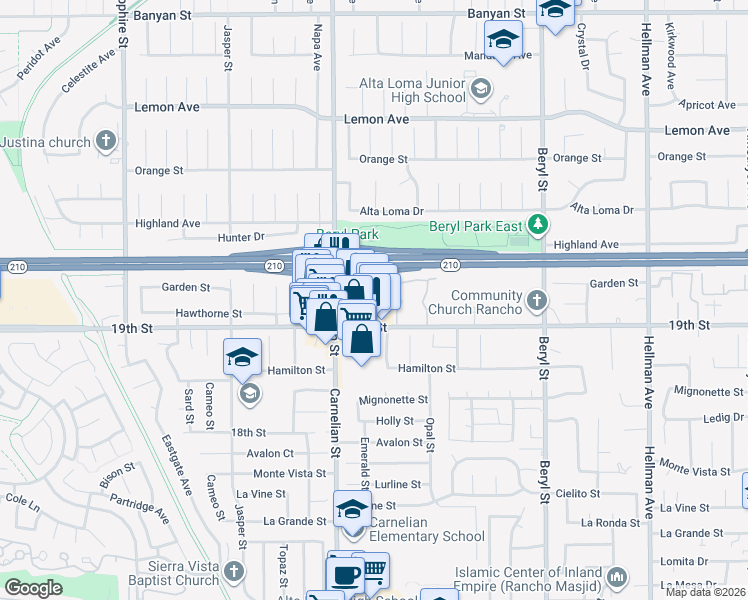 map of restaurants, bars, coffee shops, grocery stores, and more near 8742 19th Street in Rancho Cucamonga
