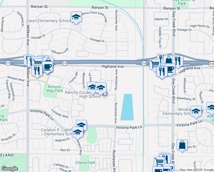 map of restaurants, bars, coffee shops, grocery stores, and more near 6633 Veneto Place in Rancho Cucamonga