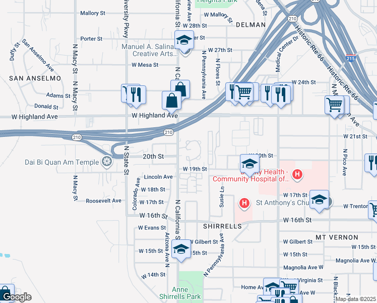 map of restaurants, bars, coffee shops, grocery stores, and more near 2000 Jubilee Court in San Bernardino