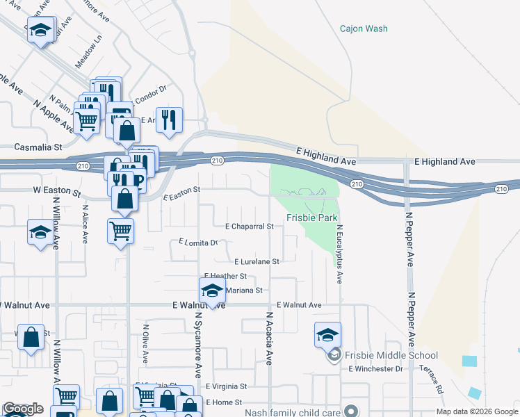map of restaurants, bars, coffee shops, grocery stores, and more near 1874 North Joyce Avenue in Rialto