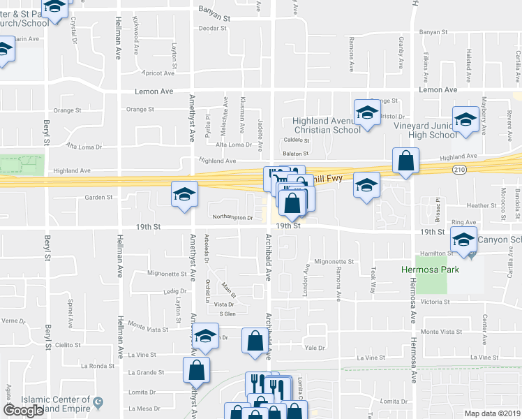 map of restaurants, bars, coffee shops, grocery stores, and more near 9686 Beacon Pointe Drive in Rancho Cucamonga