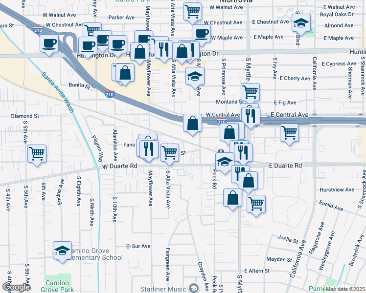 map of restaurants, bars, coffee shops, grocery stores, and more near 1631 South Magnolia Avenue in Monrovia