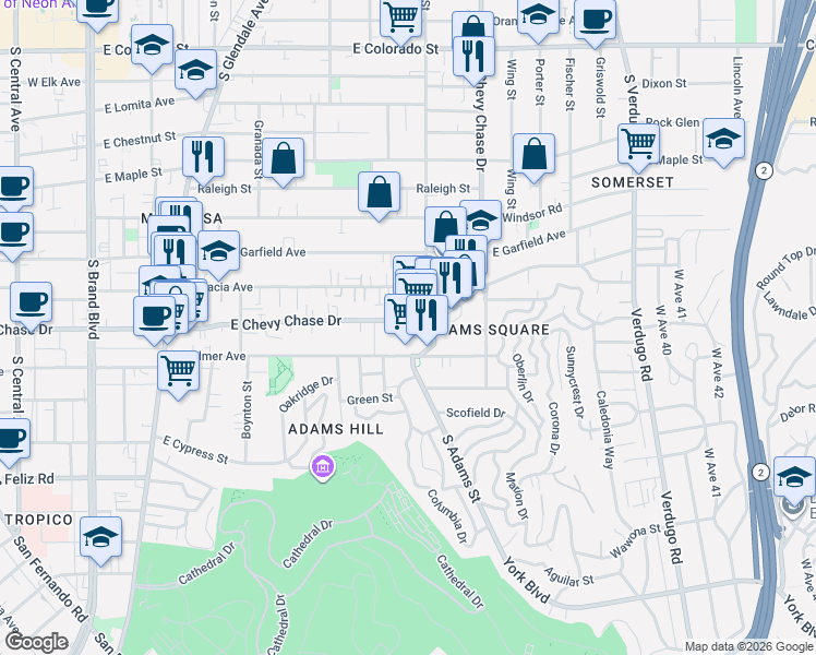 map of restaurants, bars, coffee shops, grocery stores, and more near 1012 East Acacia Avenue in Glendale