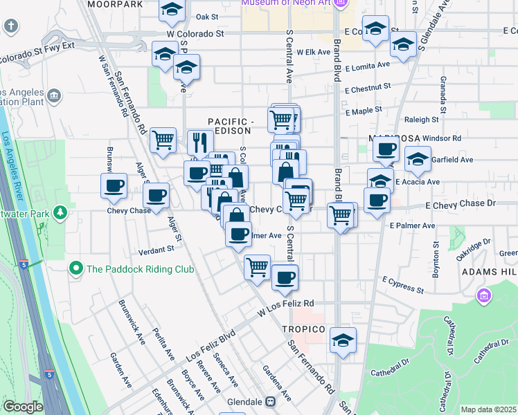 map of restaurants, bars, coffee shops, grocery stores, and more near 1099 Florence Place in Glendale