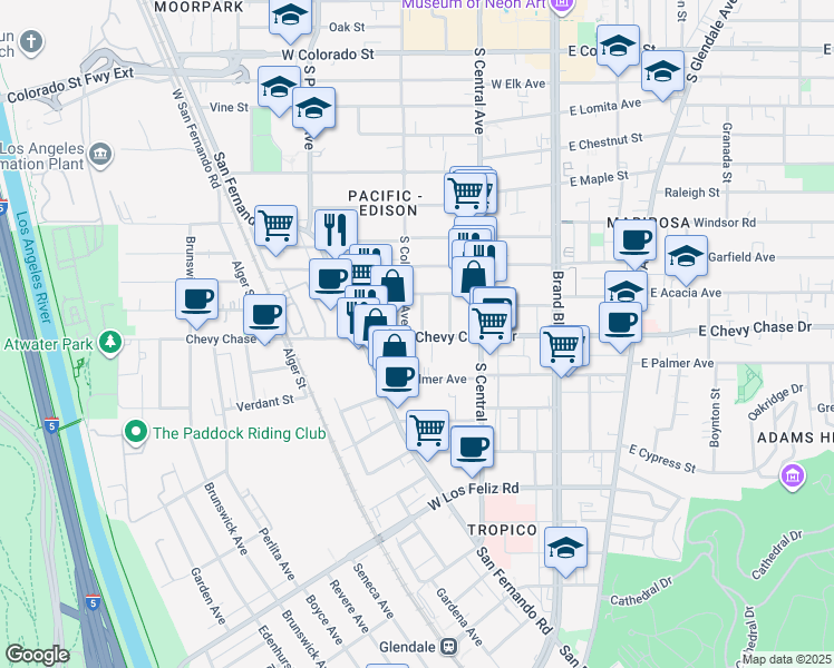 map of restaurants, bars, coffee shops, grocery stores, and more near 1099 Florence Place in Glendale