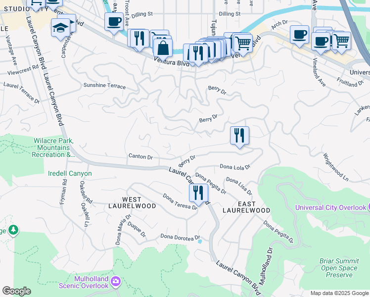 map of restaurants, bars, coffee shops, grocery stores, and more near 11430 Amanda Drive in Los Angeles