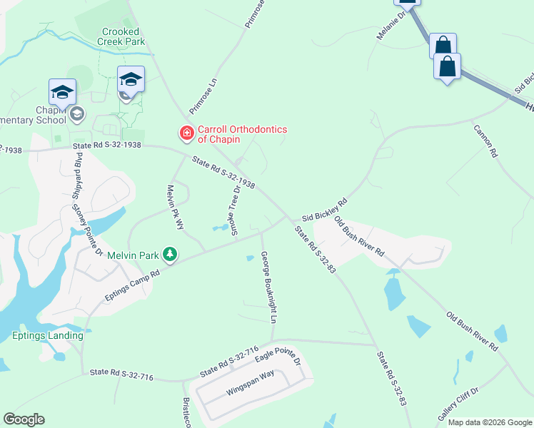 map of restaurants, bars, coffee shops, grocery stores, and more near 124 Fairview Park Drive in Chapin