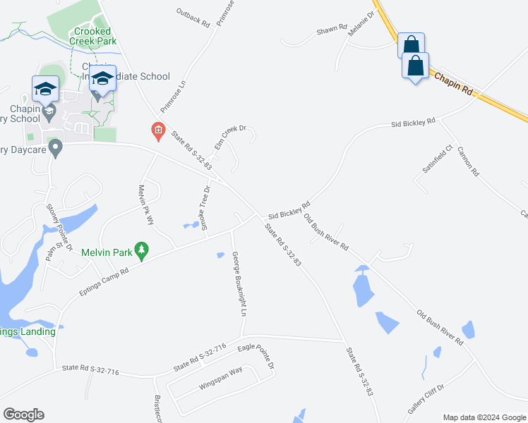map of restaurants, bars, coffee shops, grocery stores, and more near 631 Sid Bickley Road in Chapin