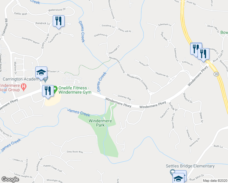 map of restaurants, bars, coffee shops, grocery stores, and more near 3290 Osterley Way in Cumming
