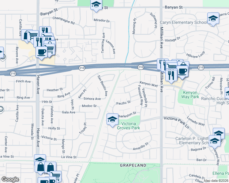 map of restaurants, bars, coffee shops, grocery stores, and more near 11000 Shaw Street in Rancho Cucamonga