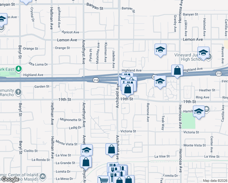 map of restaurants, bars, coffee shops, grocery stores, and more near 9686 Beacon Pointe Drive in Rancho Cucamonga