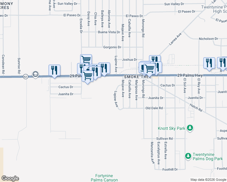 map of restaurants, bars, coffee shops, grocery stores, and more near 6586 Lupine Avenue in Twentynine Palms