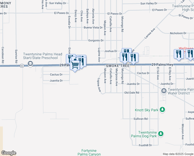 map of restaurants, bars, coffee shops, grocery stores, and more near 6586 Lupine Avenue in Twentynine Palms