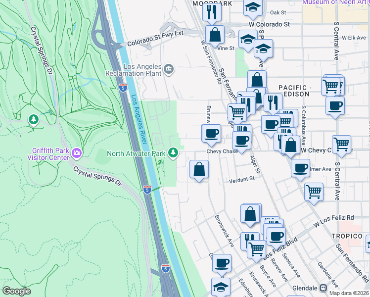 map of restaurants, bars, coffee shops, grocery stores, and more near 4001 Chevy Chase Drive in Los Angeles
