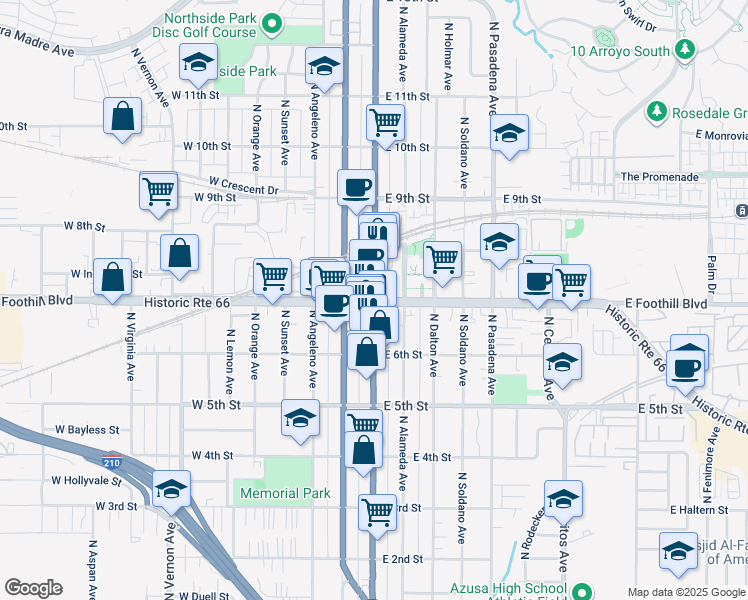 map of restaurants, bars, coffee shops, grocery stores, and more near 890 East Gladstone Street in Azusa