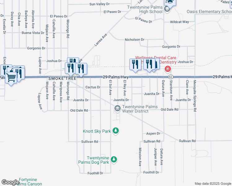 map of restaurants, bars, coffee shops, grocery stores, and more near 6596 La Luna Avenue in Twentynine Palms