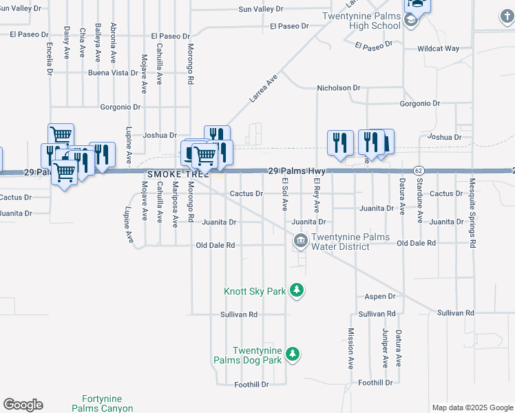map of restaurants, bars, coffee shops, grocery stores, and more near 6610 Alpine Avenue in Twentynine Palms
