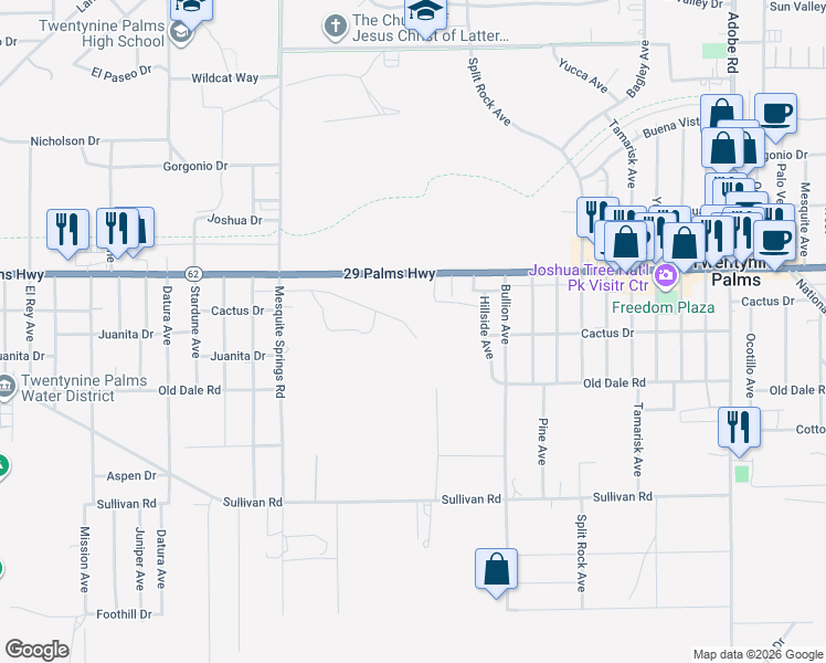 map of restaurants, bars, coffee shops, grocery stores, and more near 73087 Cactus Drive in Twentynine Palms