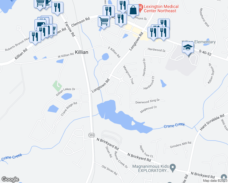 map of restaurants, bars, coffee shops, grocery stores, and more near 405 Freshwater Drive in Columbia