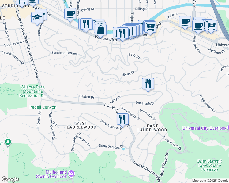 map of restaurants, bars, coffee shops, grocery stores, and more near 11430 Amanda Drive in Los Angeles