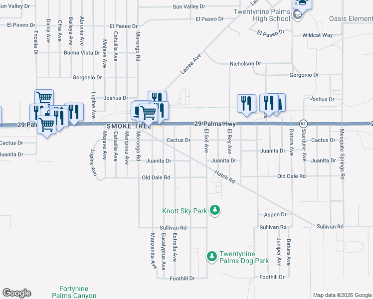 map of restaurants, bars, coffee shops, grocery stores, and more near 6610 Alpine Avenue in Twentynine Palms