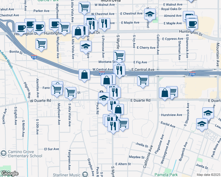 map of restaurants, bars, coffee shops, grocery stores, and more near 130 West Pomona Avenue in Monrovia