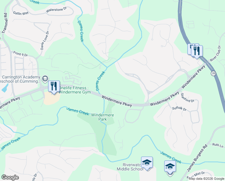 map of restaurants, bars, coffee shops, grocery stores, and more near 3290 Osterley Way in Cumming