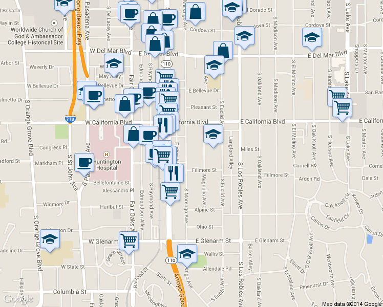 map of restaurants, bars, coffee shops, grocery stores, and more near 712 South Marengo Avenue in Pasadena