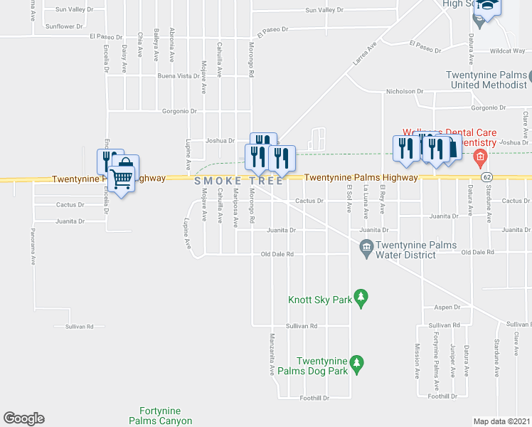 map of restaurants, bars, coffee shops, grocery stores, and more near 6582 Manzanita Avenue in Twentynine Palms