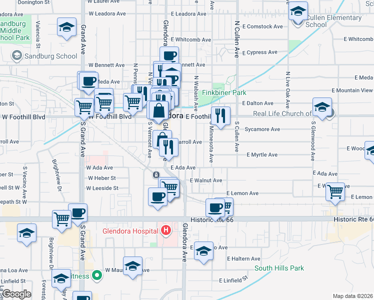 map of restaurants, bars, coffee shops, grocery stores, and more near 216 South Vista Bonita Avenue in Glendora