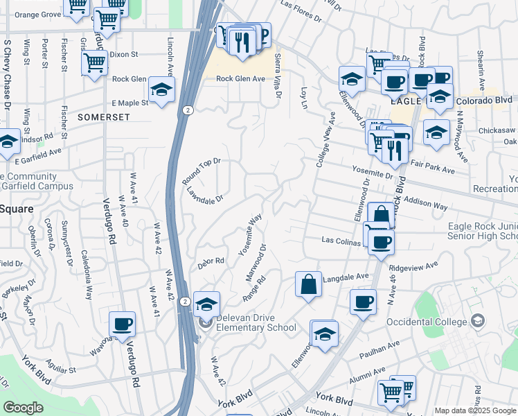 map of restaurants, bars, coffee shops, grocery stores, and more near 4533 Yosemite Way in Los Angeles